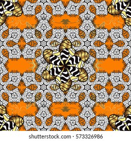 Seamless vintage pattern on dark orange background with golden elements. Petals flowers. Black and white. Stripes.