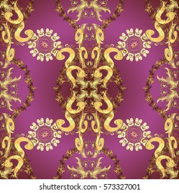 Seamless vintage pattern on dark pink background with golden elements.