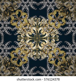Seamless vintage pattern on dark background with golden elements. Radial gradient shape.