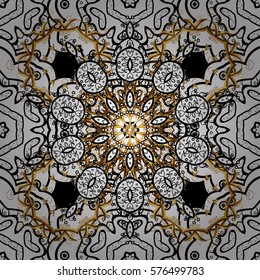 Seamless vintage pattern on dark background with golden and white elements. Christmas, snowflake, new year.