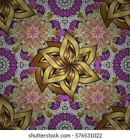 Seamless vintage pattern on dark pink and lilac background with golden elements. Petals flowers. Radial gradient shape.