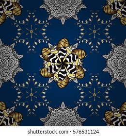 Seamless vintage pattern on dark blue background with golden elements. Radial gradient shape.