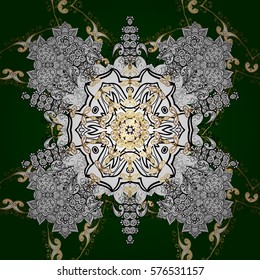 Seamless vintage pattern on dark green background with golden and white elements. Radial gradient shape.