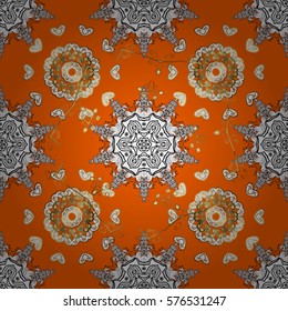 Seamless vintage pattern on dark orange background with golden elements. Radial gradient shape.