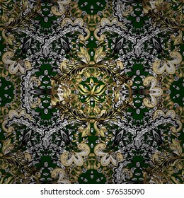 Seamless vintage pattern on dark green background with golden elements. Radial gradient shape.