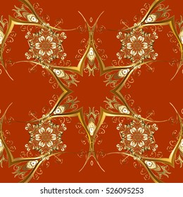 Seamless vintage pattern on dim red and orange background with golden elements.