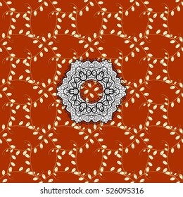 Seamless vintage pattern on dim red background with golden and white elements.