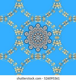 Seamless vintage pattern on dim blue background with golden elements.