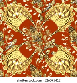 Seamless vintage pattern on dim red and orange background with golden elements.
