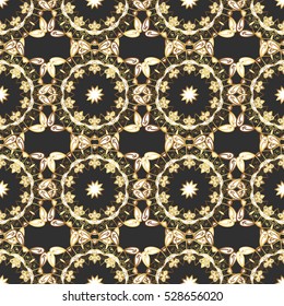 Seamless vintage pattern on dim black background with golden elements.