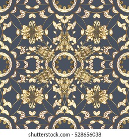 Seamless vintage pattern on dim grey background with golden elements.