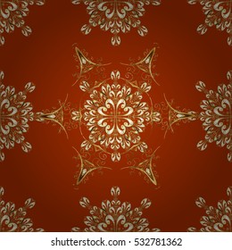 Seamless vintage pattern on dim red background with golden elements.
