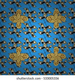 Seamless vintage pattern on dim blue background with golden elements.