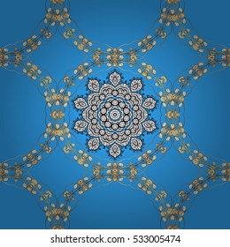Seamless vintage pattern on dim blue background with golden elements.
