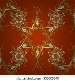 Seamless vintage pattern on dim red and orange background with golden elements.