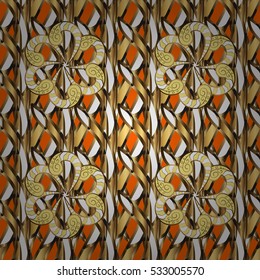 Seamless vintage pattern on dim orange background with golden elements.