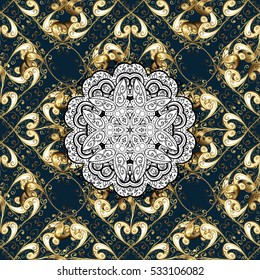 Seamless vintage pattern on dim blue background with golden elements.