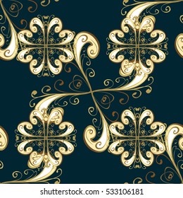 Seamless vintage pattern on dim blue background with golden elements.