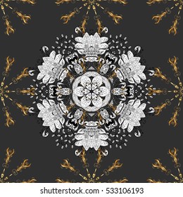 Seamless vintage pattern on dim black background with golden elements. White mandala.