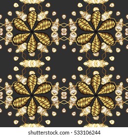 Seamless vintage pattern on dim black background with golden elements.