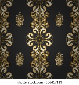 Seamless vintage pattern on dim black background with golden elements. Radial gradient shape.