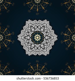 Seamless vintage pattern on dim blue background with golden elements. Radial gradient shape.