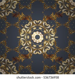 Seamless vintage pattern on dim gray background with golden elements. Radial gradient shape.