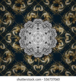 Seamless vintage pattern on dim blue background with golden elements. Radial gradient shape.