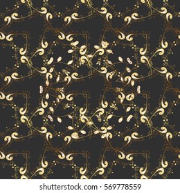 Seamless vintage pattern on dim black background with golden elements.