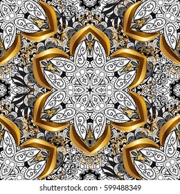 Seamless vintage pattern on doodles background with golden elements. Christmas, snowflake, new year. Golden pattern on doodles background with golden elements.