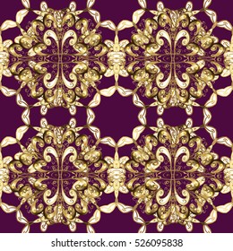 Seamless vintage pattern on drak lilac and pink background with golden elements.