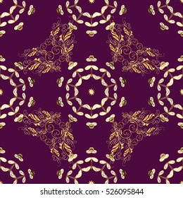 Seamless vintage pattern on drak lilac and pink background with golden elements.