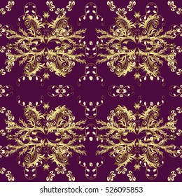 Seamless vintage pattern on drak lilac and pink background with golden elements.