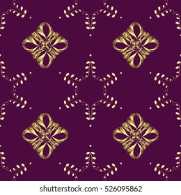 Seamless vintage pattern on drak lilac and pink background with golden elements.
