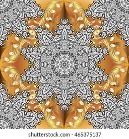 Seamless vintage pattern on golden background with black and white elements.