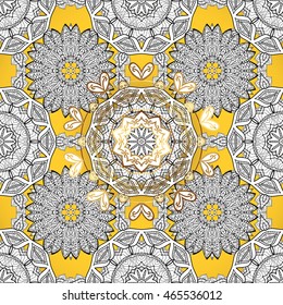 Seamless vintage pattern on golden background with black and white elements.