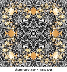 Seamless vintage pattern on golden background with black and white elements.