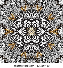 Seamless vintage pattern on golden background with white floral elements.