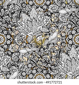 Seamless vintage pattern on golden background with white floral elements.