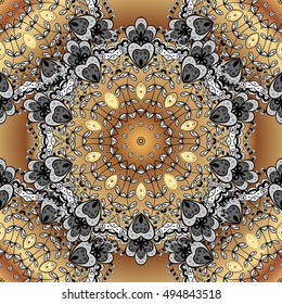Seamless vintage pattern on golden background with black and white elements.