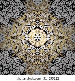Seamless vintage pattern on golden background with white floral elements.