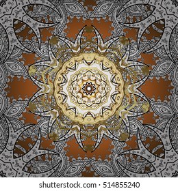Seamless vintage pattern on golden background with white floral elements.