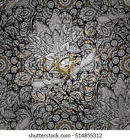 Seamless vintage pattern on golden background with white floral elements.