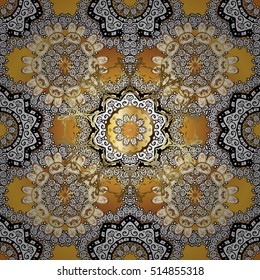 Seamless vintage pattern on golden background with white floral elements.