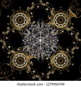 Seamless vintage pattern on gray and black colors with golden elements. Christmas, snowflake, new year 2019.