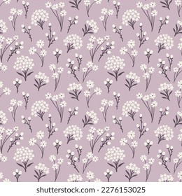 Patrón vintage sin foco sobre un fondo morado gris. Pequeñas flores blancas. Textura vectorial. Impresión de moda para textiles y papel pintado.