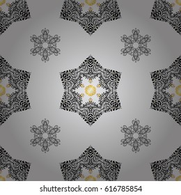 Seamless vintage pattern on gray background with golden elements and with white doodles. Christmas, snowflake, new year.