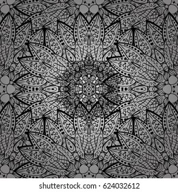 Seamless vintage pattern on gray background with darken elements. Christmas, snowflake, new year. Dark seamless pattern on gray background with dark elements.