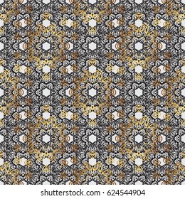 Seamless vintage pattern on gray background with golden elements and with gray doodles.