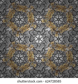 Seamless vintage pattern on gray background with golden elements and with gray doodles. Christmas, snowflake, new year.